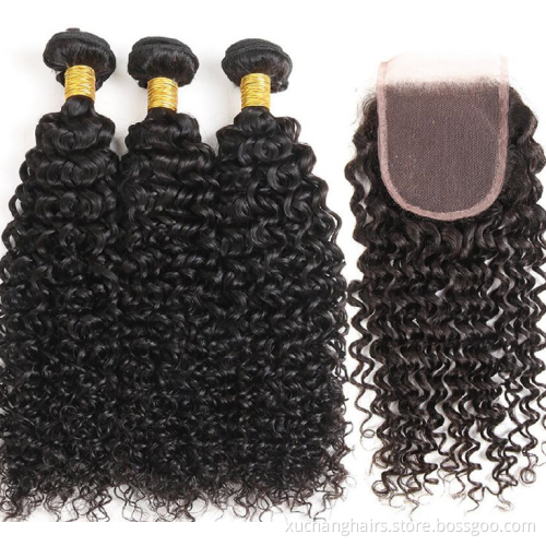 Brazilian Remy Hair extension 3 Bundles With 4*4 Lace Frontal kinky Curly human Hair weft Natural Color 1B Hair Bundles